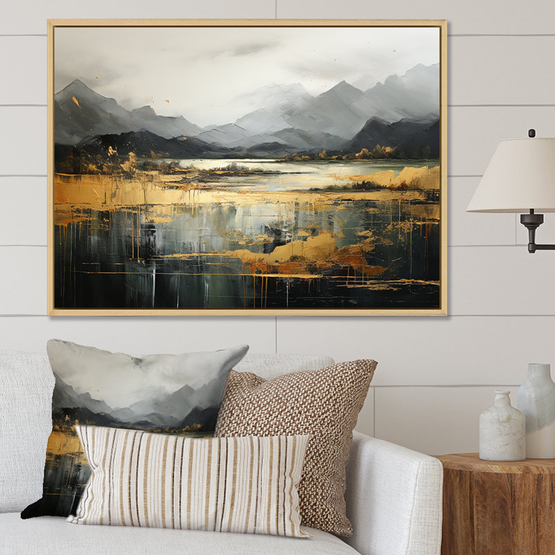 Gris et jaune, paysage de montagne abstrait IV - paysages abstraits, art mural, Cadre flottant blanc