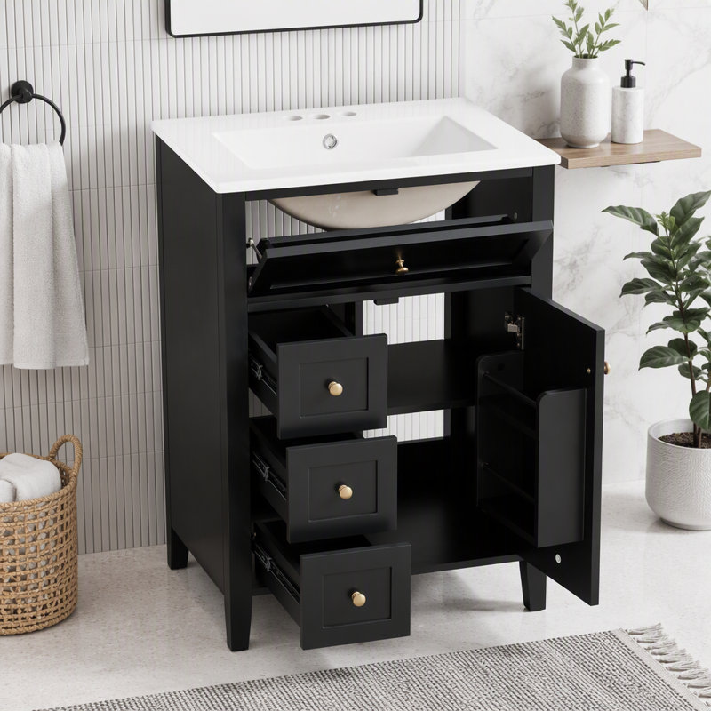 Meuble-lavabo 24 po avec lavabo et rangement spacieux, Noir, 24