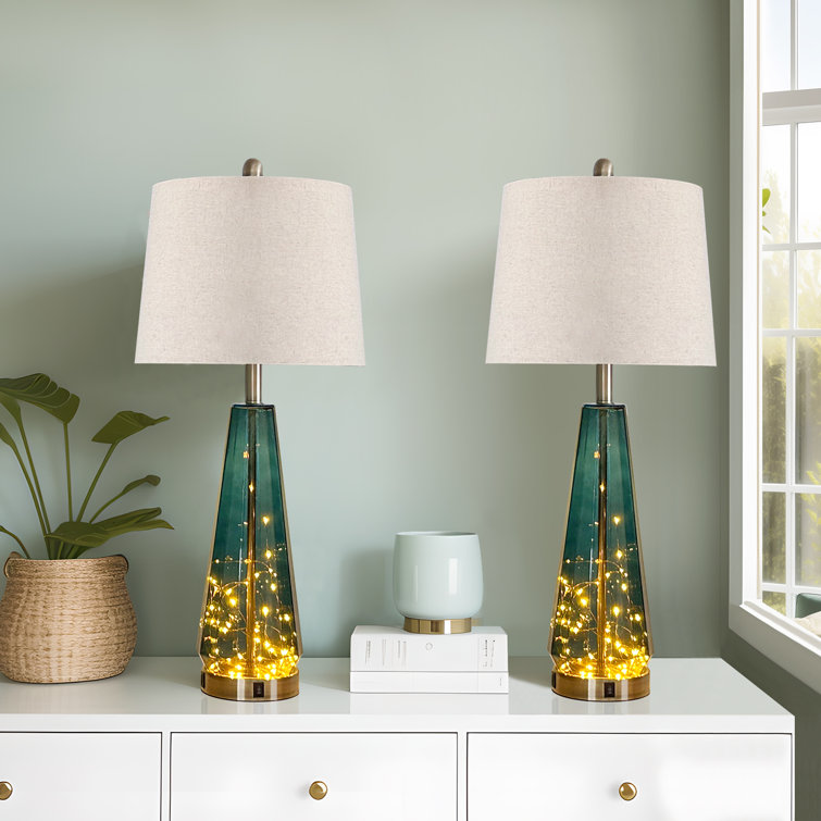 30-inch Blue Glass Dimmable Table Lamps with USB A+C Ports Bulbs Included