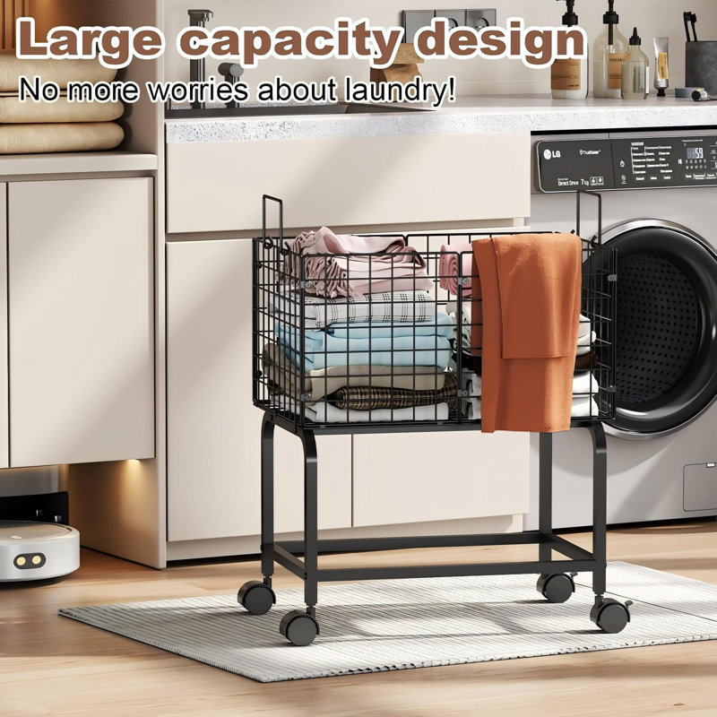 Chariot à panier à linge en fil métallique, chariots à linge roulants avec poignée à tirer, grand panier à linge noir, chariot à panier à linge en métal commercial - 23,6 x 15,75 x 28 pouces