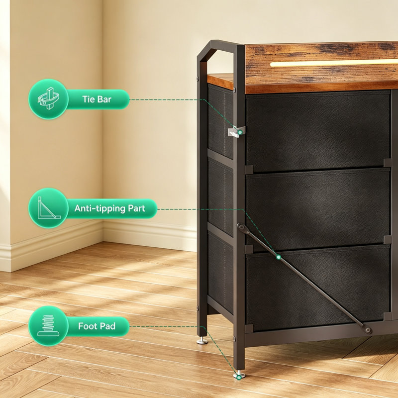 Retro Colour 8 Fabric Drawer Chest of Drawers with LED Strip Lights, 10 Colour Modes, 2 USB & 2 AC Sockets, Bedroom Living Room Storage Unit, 110 x 30 x 88cm