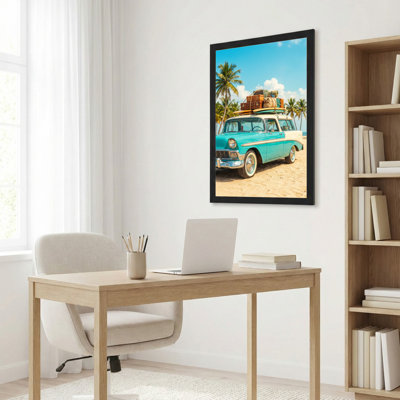 Vintage Car With Luggage On Beach Canvas Wrapped Wall Art Set Of 1
