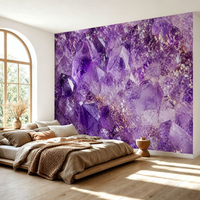 Wall Mural Peel and Stick Wallpaper Violet Purple Amethyst Quartz Crystal Geode Self-Adhesive Removable Contact Paper Wall Decor for Living Room Bedroom 69"H x 96"W