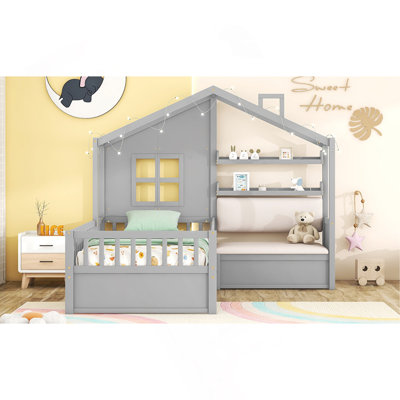 Lit House avec canapé, lit plateforme avec deux tiroirs et tablette de rangement