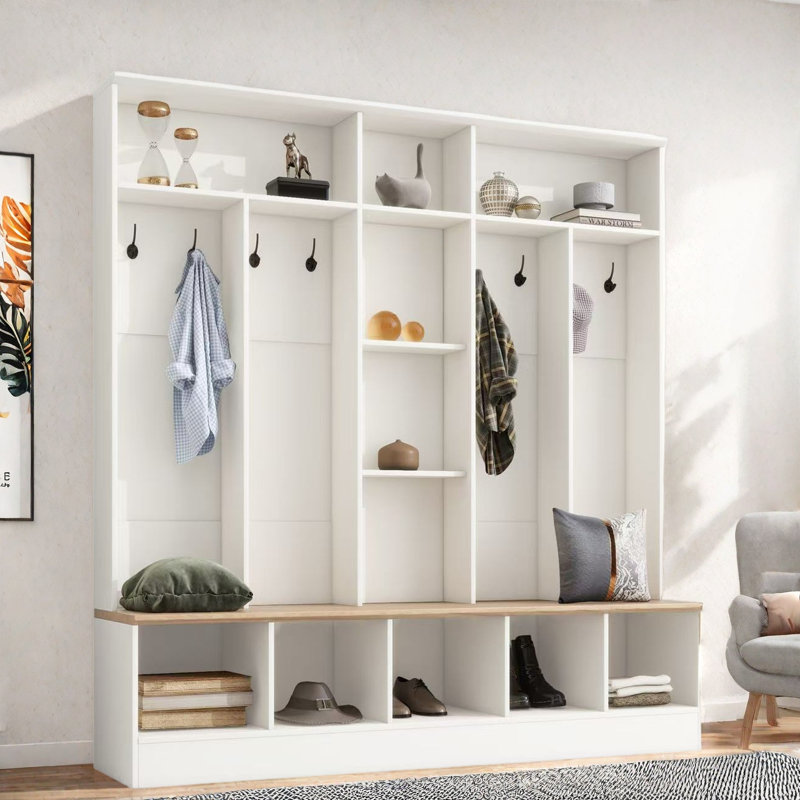 Wide Design Hall Tree With Storage Bench, Shoe Cabinet, Shelves And 8 Hooks, White