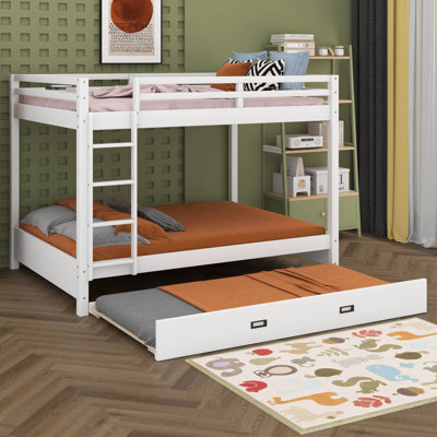 Wood Bunk Bed With Ladder And Trundle, Rustic Solid Wood Bunk Bed For Kids Teens Adults by Harriet Bee