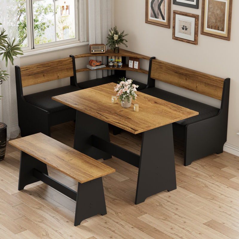 Ensemble de coin-repas de coin avec coussin, table de salle à manger en forme de L et banc rembourré, banc de coin-ferme en bois pour 5 personnes avec rangement caché