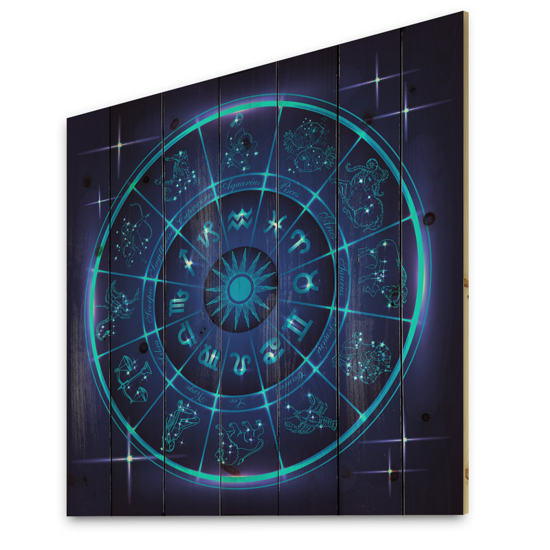 Horoscope néon bleu profond avec signes du zodiaque - impression moderne sur bois de pin naturel