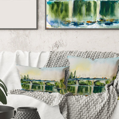 Carré, paysage avec vieux pont dans la campagne - Coussin décoratif à imprimé traditionnel