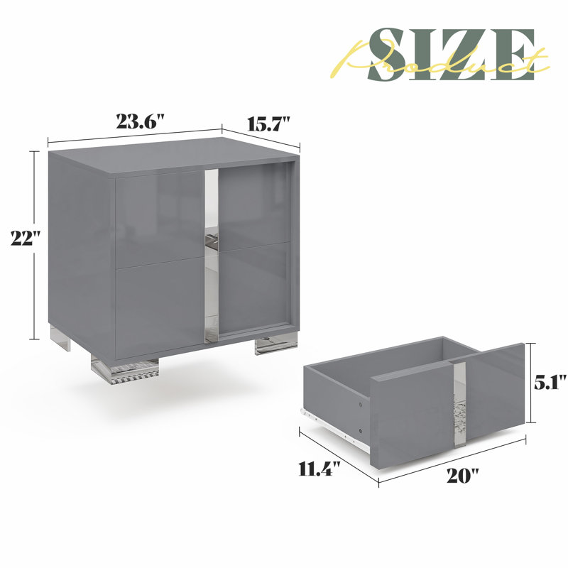 Table de chevet moderne lustrée 23,6 po avec poignée à tirer électrolytique Mercidieu, gris, ensemble de 2, Gris