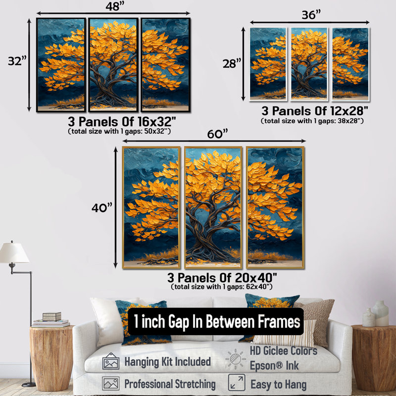 Arbre africain dans des tons jaunes et bleus - ensemble d'art mural arbre de vie, Toile avec cadre flottant or