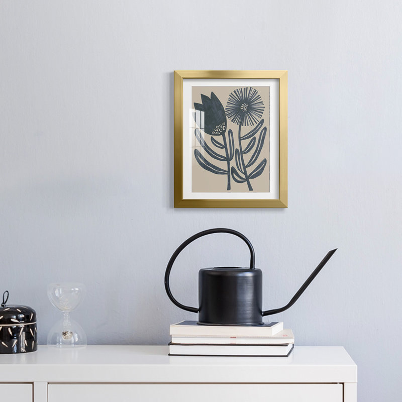 «Blockprint Folk Flowers II», reproduction encadrée, H 25,5 po x l 17,5 po, Doré