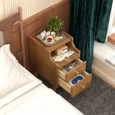 12 Inch Narrow Mid Century Modern Nightstand - Solid Wood 2-drawer Beside Table With Open Storage Shelf For Bedroom