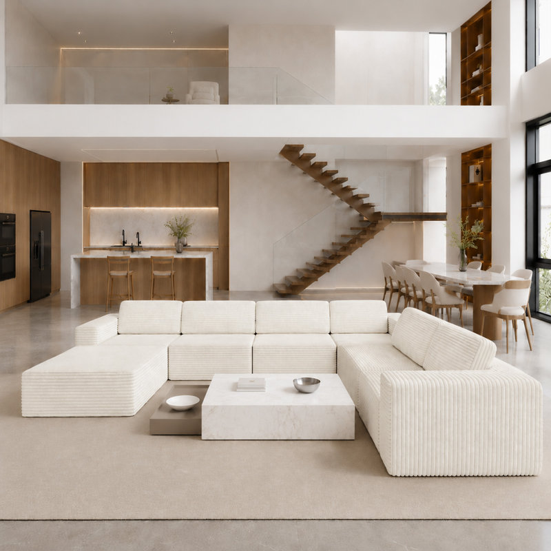 Modular Oversized 404cm 6-seater L-shaped Boneless Corduroy Sofa, No Assembly Required, Beige, Right Hand Facing