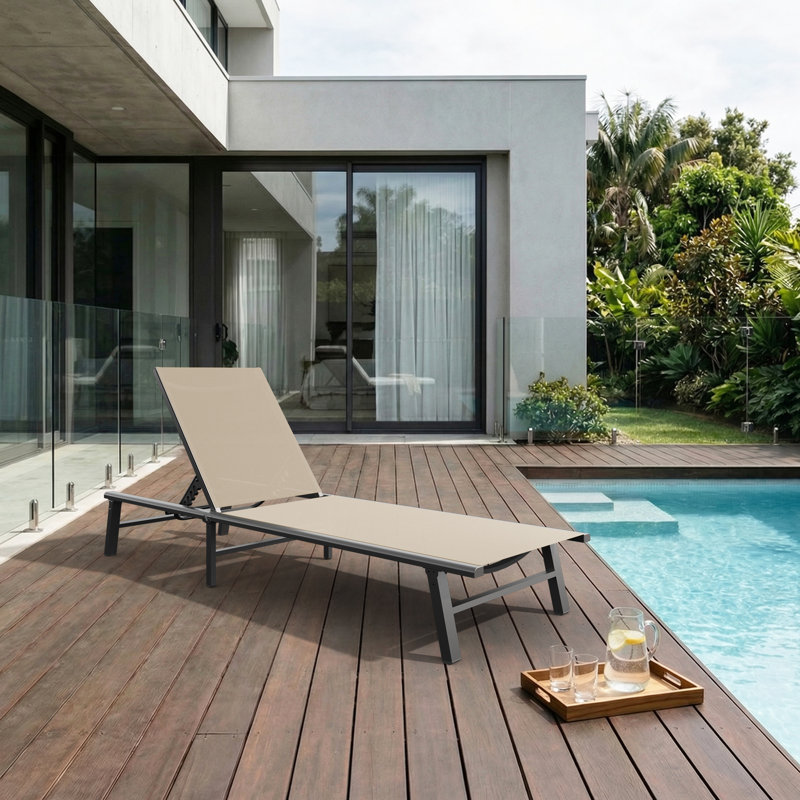 Outdoor Patio Aluminum Chaise Lounge With Adjustable Reclining Back, Teak