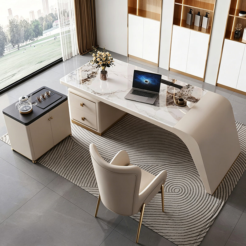 Bureau de luxe moderne 78,74 po avec plateau en pierre frittée et prises intégrées, 29.53" H x 78.74" W x 31.50" D
