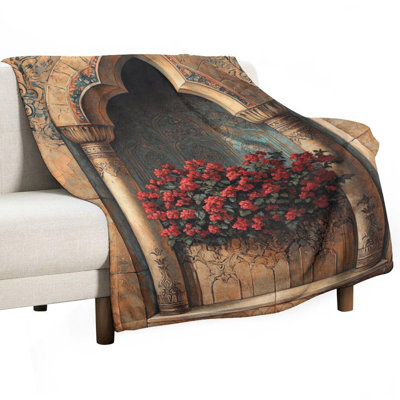 Jeté en flanelle de luxe avec fleurs rouges rouges en alcôve, couverture douce et chaude pour le canapé-lit du salon