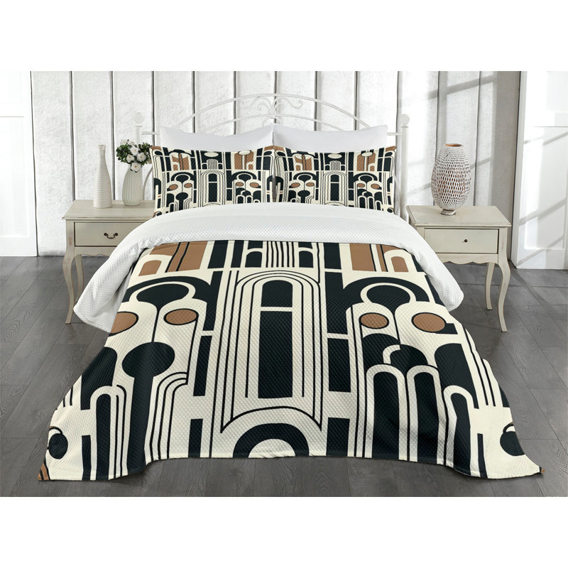 Ambesonne Modern Bedspread Set 3 Pcs Simple Geometric Arch Rounds Eggshell Camel Dark Grey