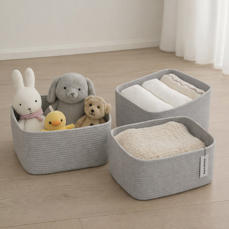  3-Piece Cotton Rope Storage Basket Set, Rectangular Woven Shelf Bins with Handles, Gray