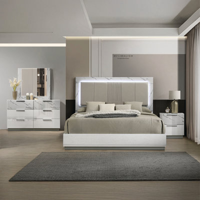 Mist Queen Bed – Two-Tone High-Gloss Marble & Lacquer Finish With LED Lighting, Padded Headboard for Modern Elegance