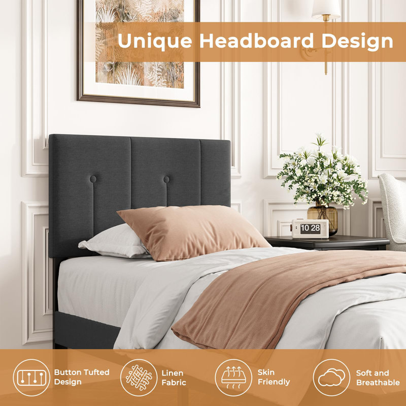 Bed Frame with Adjustable Linen Headboard, Solid Wooden Slats & Upholstered Platform, Easy Assembly, Dark Grey, Kingsize (5')