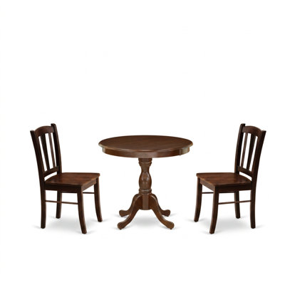 Ensemble de salle à manger 3 pièces en bois massif d'acajou d'inspiration asiatique, chaises rondes à dossier à lattes, pieds sur piédestal, style moderne pour petits espaces