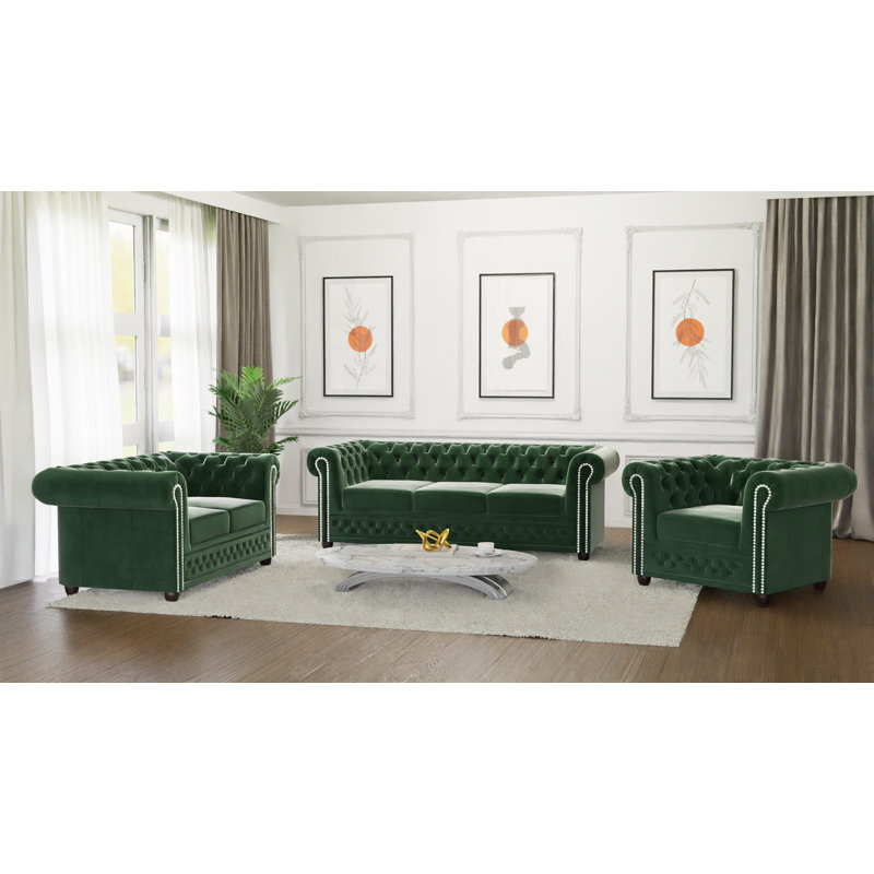 Chesterfield Hanna Sofa Set with Sleeping Function 3+2+1 Made of Velvet Fabric with Solid Wood Legs, Bottle Green