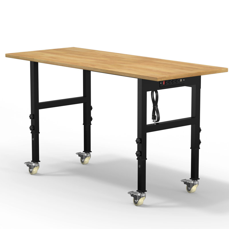 60'' Solid Wood Top Height-Adjustable Workbench with Wheels & Power Outlet, 40" H x 60" W x 24" D