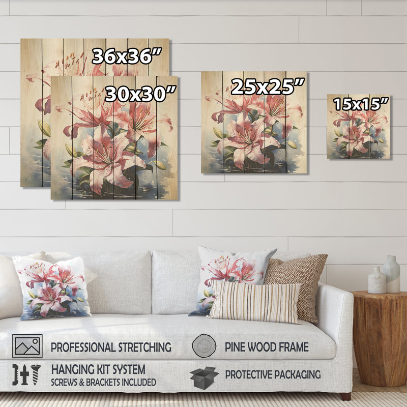 Fleurs de lys roses, aquarelle II - lis sur bois, H 15 po x l 15 po