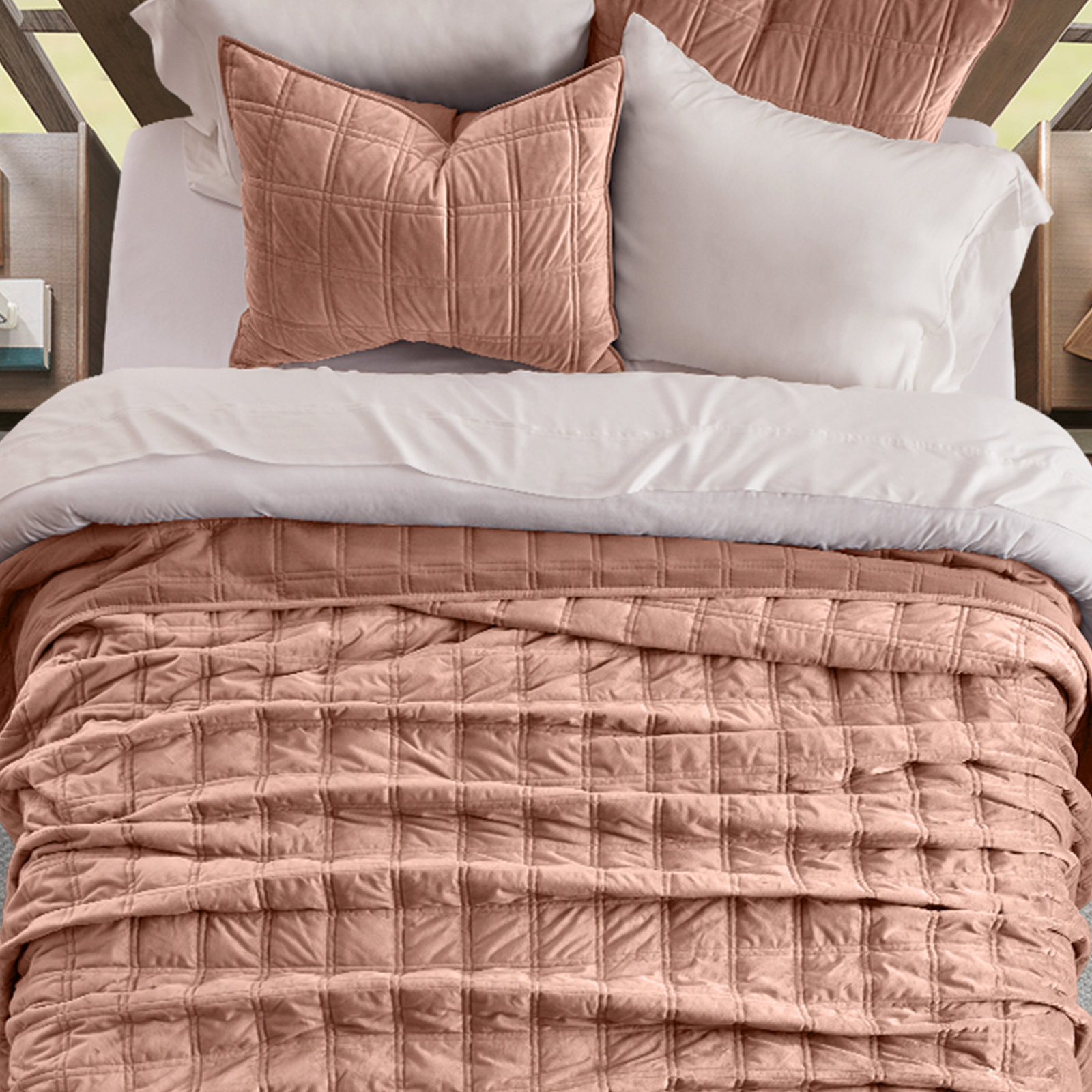 Double Box Stitch Velvet Quilt set, Clay, Queen Quilt + 2 Queen Shams