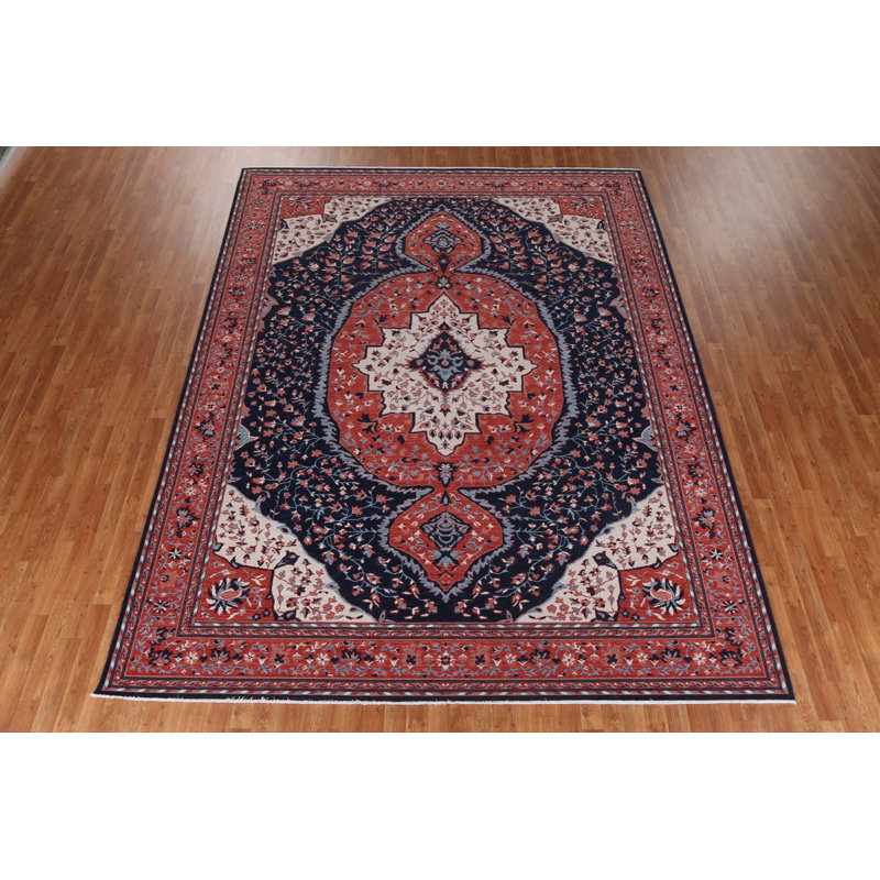 Tapis bleu marine / bleu / rouge en laine noué à la main de conception unique 9 pi x 11 pi 9 po