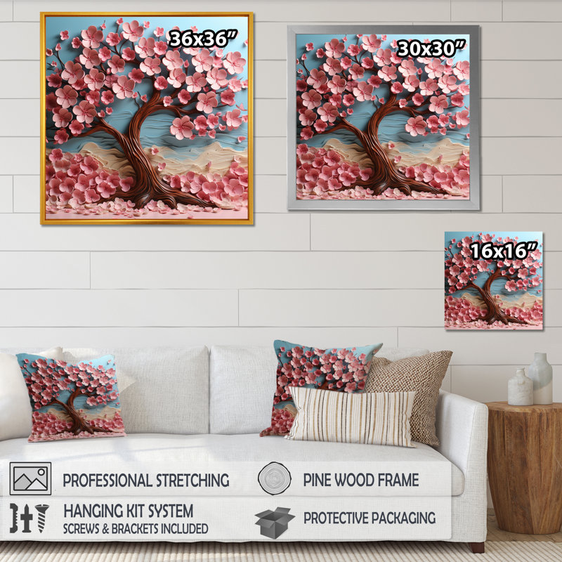 Rose et arbre mauve Essence II - arbre, art mural, Blanc, H 36 po x l 36 po