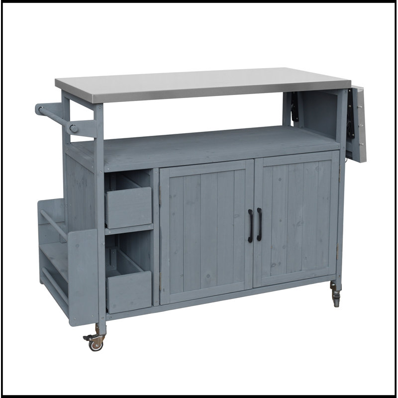 Chariot de cuisine d'extérieur avec plateau en acier inoxydable, support à épices, porte-serviettes et roulettes verrouillables