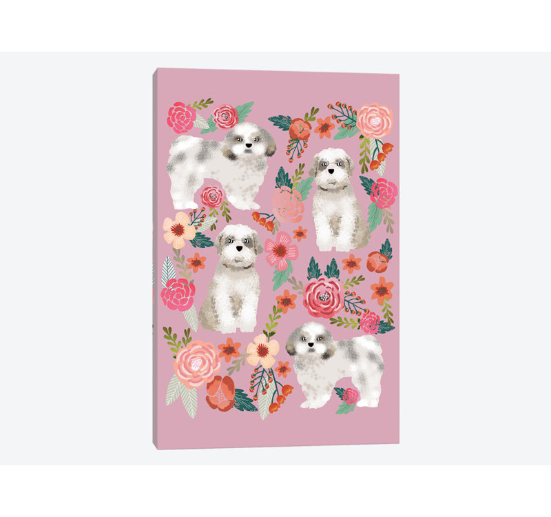 « shih tzu », collage floral sur toile tendue, H 18 po x l 12 po x P 1,5 po, Toile tendue, Pas de tapis