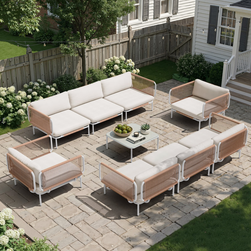 Ensemble de canapé modulaire d'extérieur 8 pièces avec table basse 8 pièces, Coussin beige / structure blanche