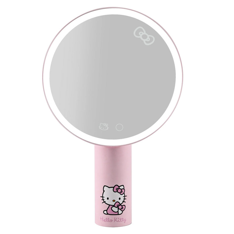 Hello Kitty Gravity Tritone LED Makeup Mirror with Three Light Colors, Hello Kitty Pretty Pink Artwork vanity mirror with Adjustable Tilt and Table Top Suction Grip Mounting