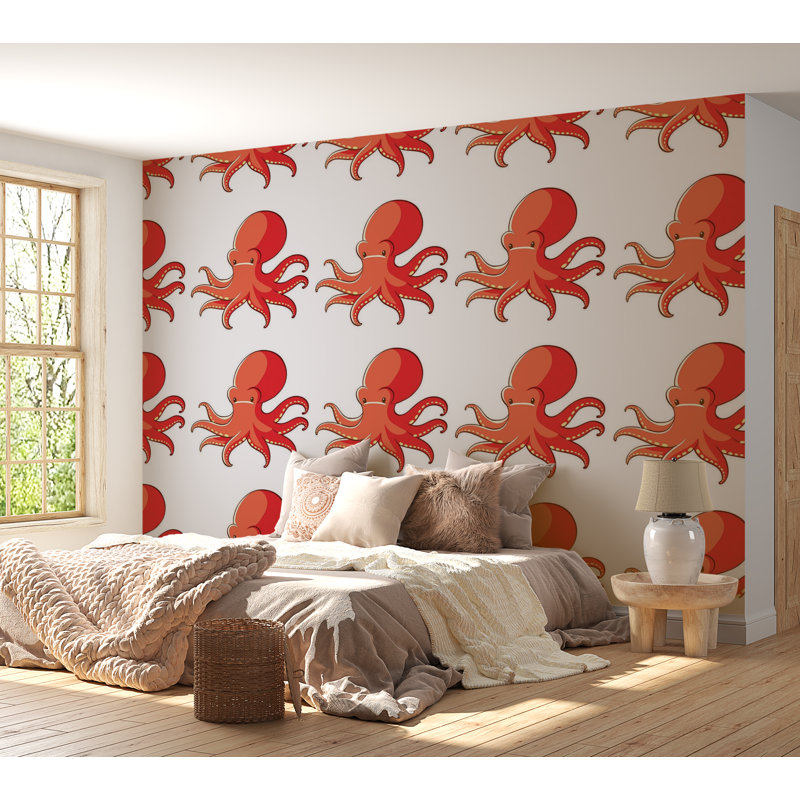 Murale pelez et collez de qualité supérieure - motif de pieuvre rouge, L 120 po x L 96 po