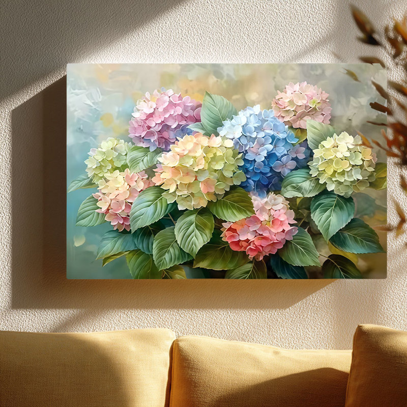 Cadre tendu pastel hydrangée sur toile tendue (ton floral doux) pour un coin douillet, 40 * 28 pouces (100 * 70 * 2cm)