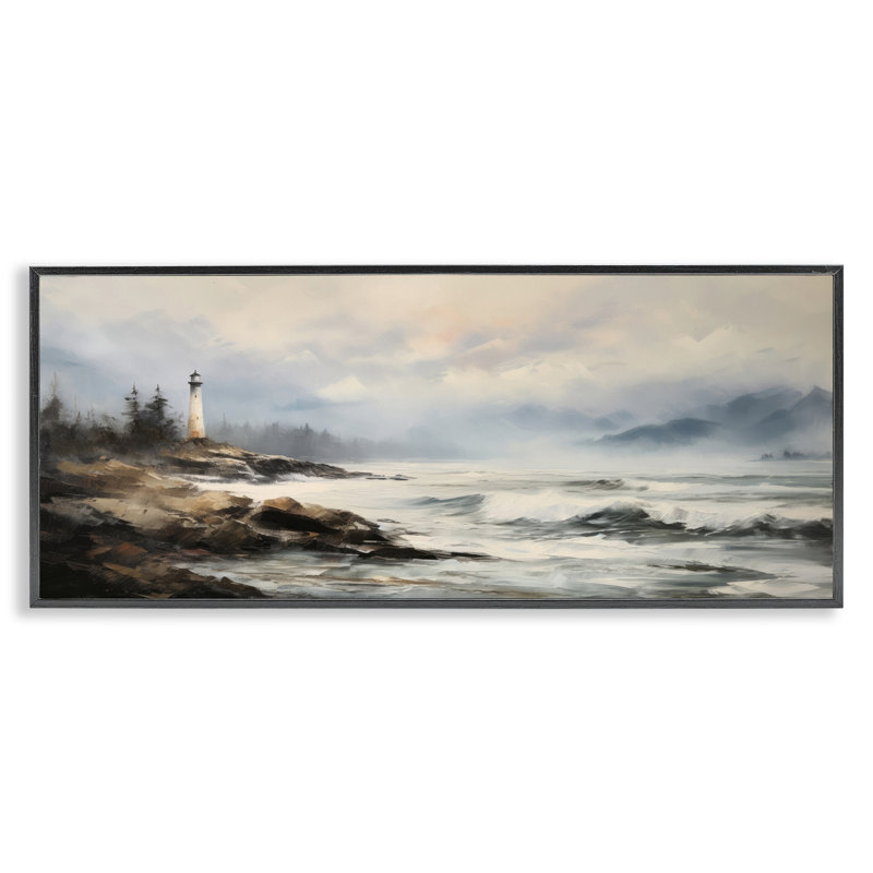 «Coastal Lighthouse Waves», estampe numérique par Petal Prints Design, Giclée encadrée noir minuit, H 10 po x l 24 po