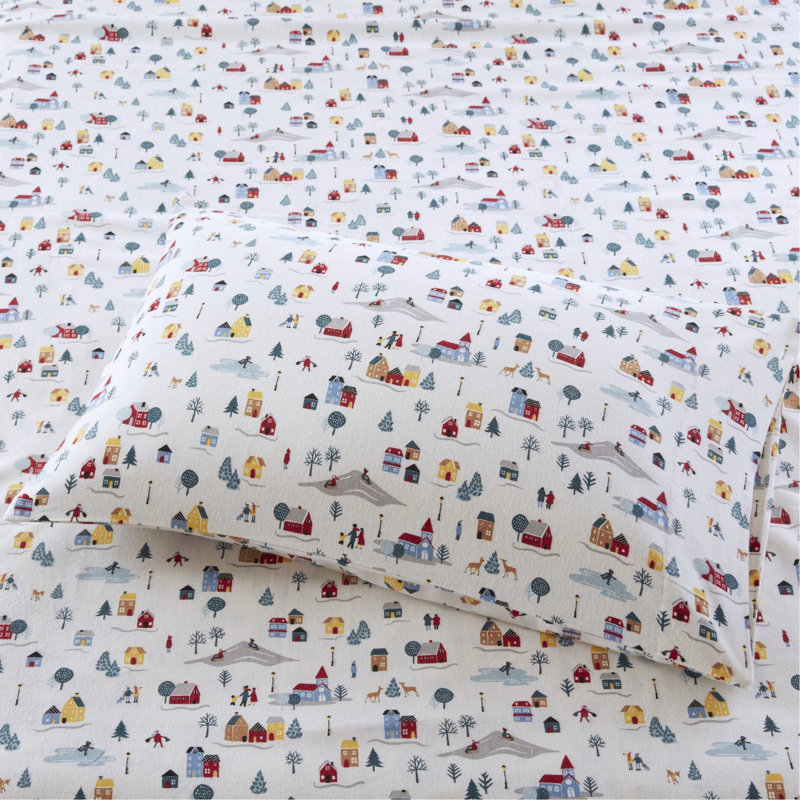 Ensemble de draps 4 pièces en flanelle de coton 100%, avec imprimé village blanc, doux au toucher, confortable et lavable à la machine