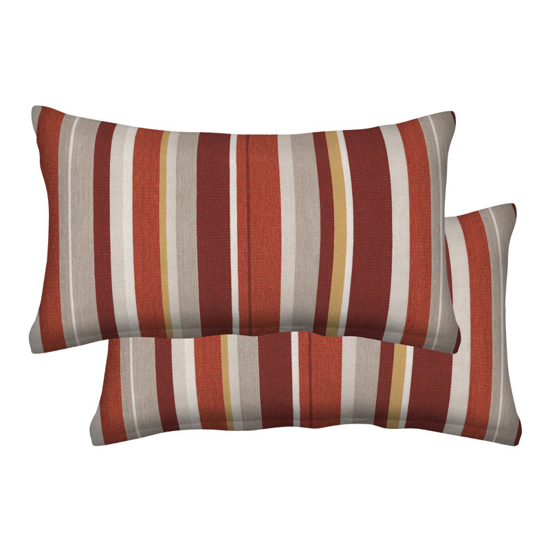 Striped Brick and Beige Olefin Lumbar Outdoor Pillows, Set of 2