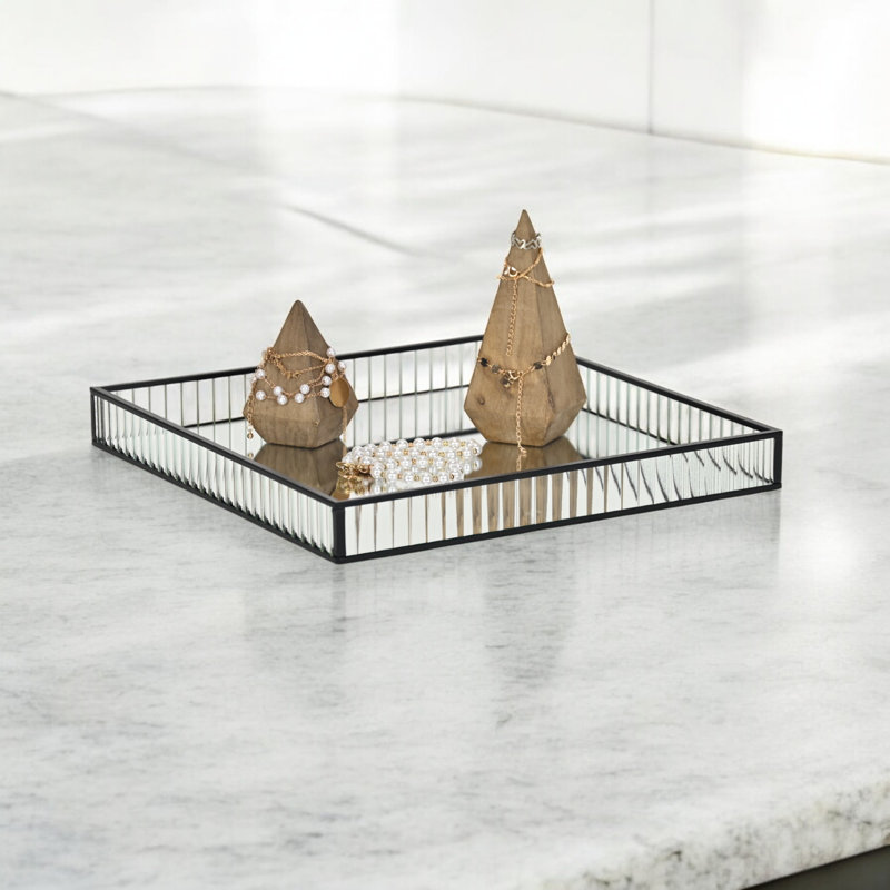 Plateau carré en verre cannelé Veldra, H 1,45 po x l 11,75 po x P 11,75 po, Noir, noir, noir, noir