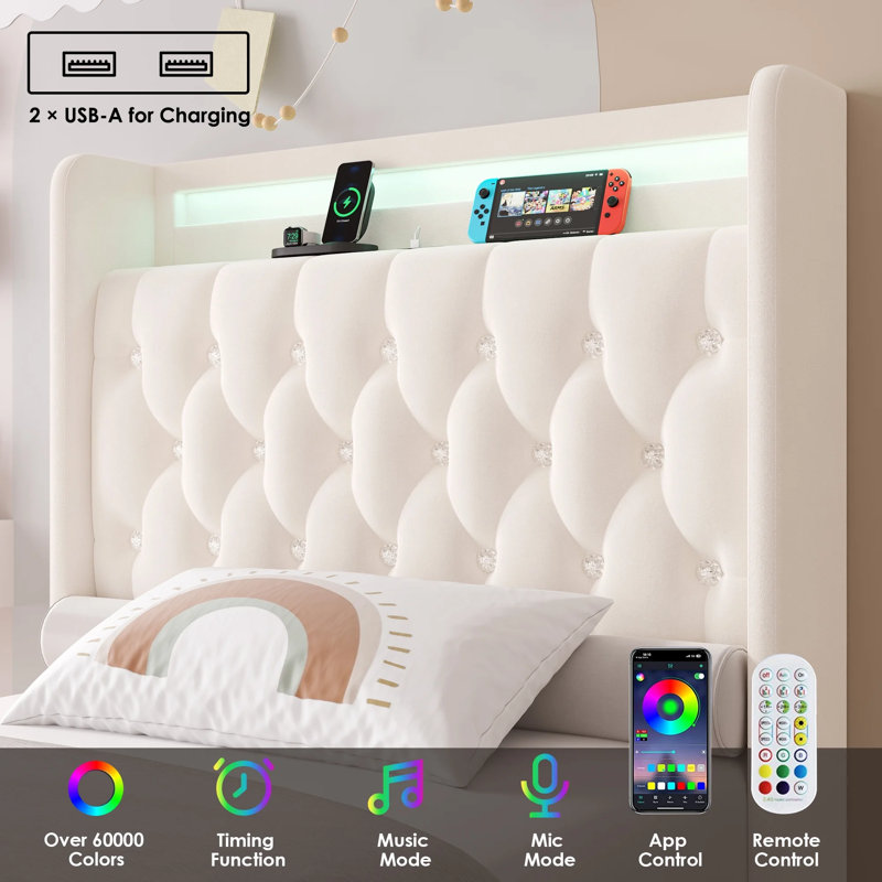 Glastonbury Upholstered Wingback Bed, 4 Drawers Storage Bed with LED Light