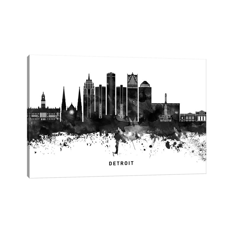 Detroit Skyline Black & White by WallDecorAddict - Wrapped Canvas Print, 152.5 cm H x 101.5 cm W