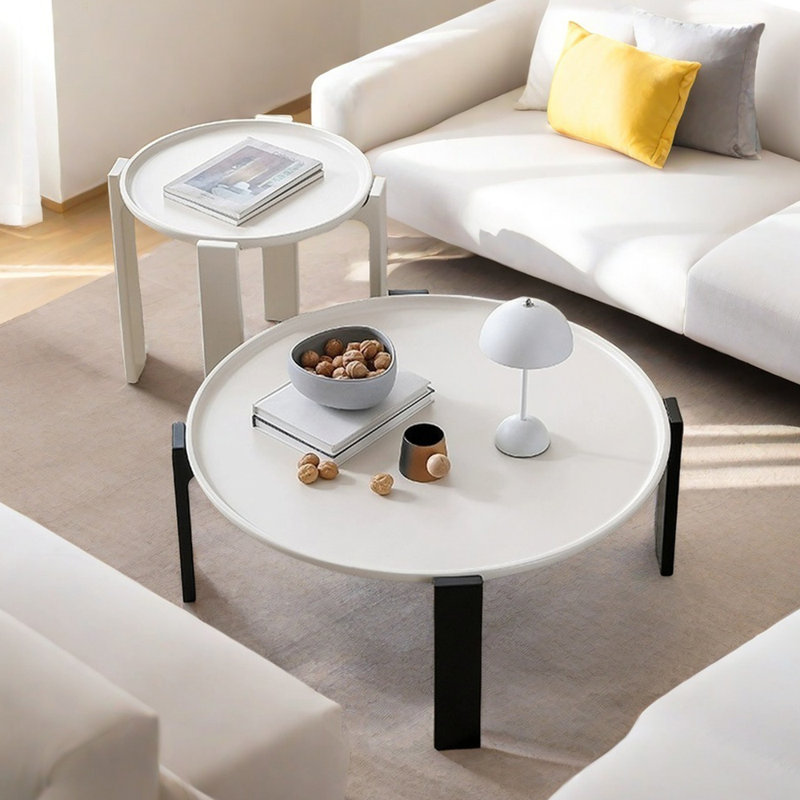 Table basse ronde avec pieds en chêne, Noir / blanc, Blanc / Blanc