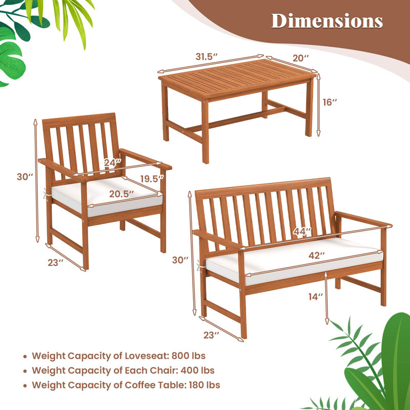 8 Pcs Acacia Wood Furniture Set 2 Coffee Tables & 4 Armchairs With Seat Cushions