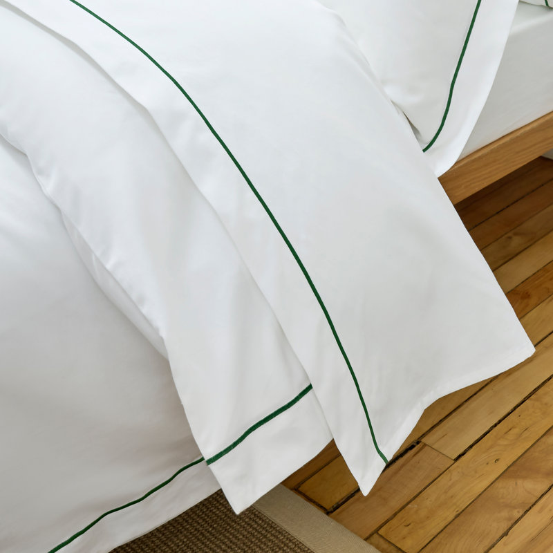 Premium Sateen Flat Sheet, White/Green, Queen Flat Sheet