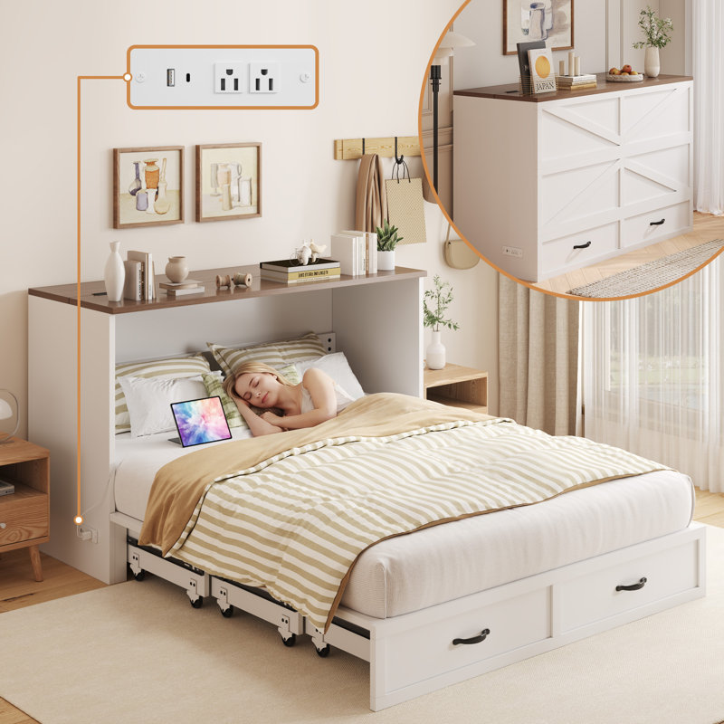 Queen Murphy Bed Frame with Charging Station, Convertible Chest Bed Cabinet, Space-Saving Design
