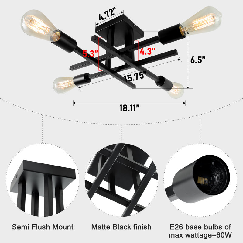 Doraelia 4-Light 18.11'' Dimmable Sputnik Modern Linear Chandelier Semi Flush Mount Ceiling Fixture, Black