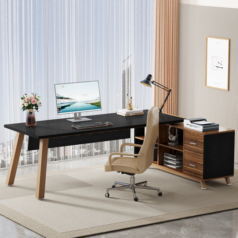 71" W L-Shaped Desk with Drawers and File Cabinet, Modern Executive Office Desk, Black/Brown